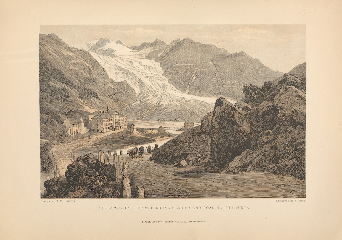 E T Compton  The Lower Part of the Rhone Glacier and Road to Furka 1881