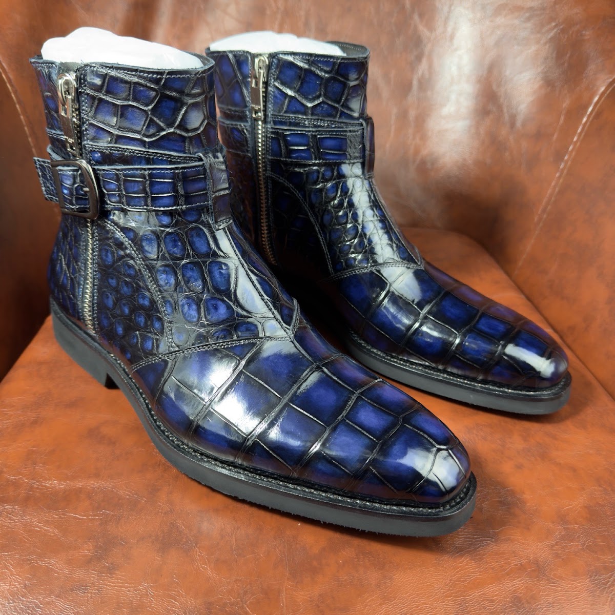 patina blue genuine alligator leather ankle boots with double buckles for men - detail 2