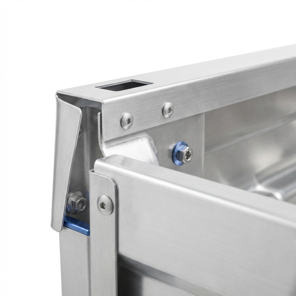 Close full frame macro photo of aluminum truck bed corner showing thin panel edge and visible fasteners on white background chevy silverado 1500 for sale