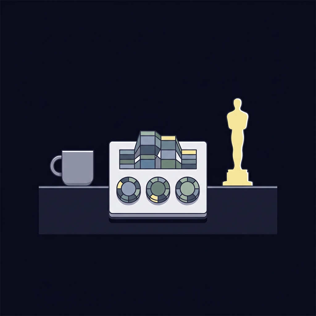Minimalist 2D vector desk scene with notepad showing stylized probability graphics a coffee cup and awards statuette silhouette for oscars betting editorial content