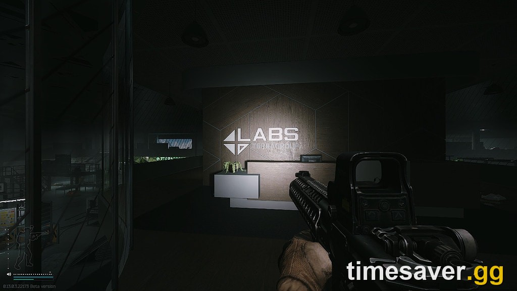 Inside The Lab — the TerraGroup reception atrium, weapon up, exactly the kind of tight sightline where Raiders punish a careless peek