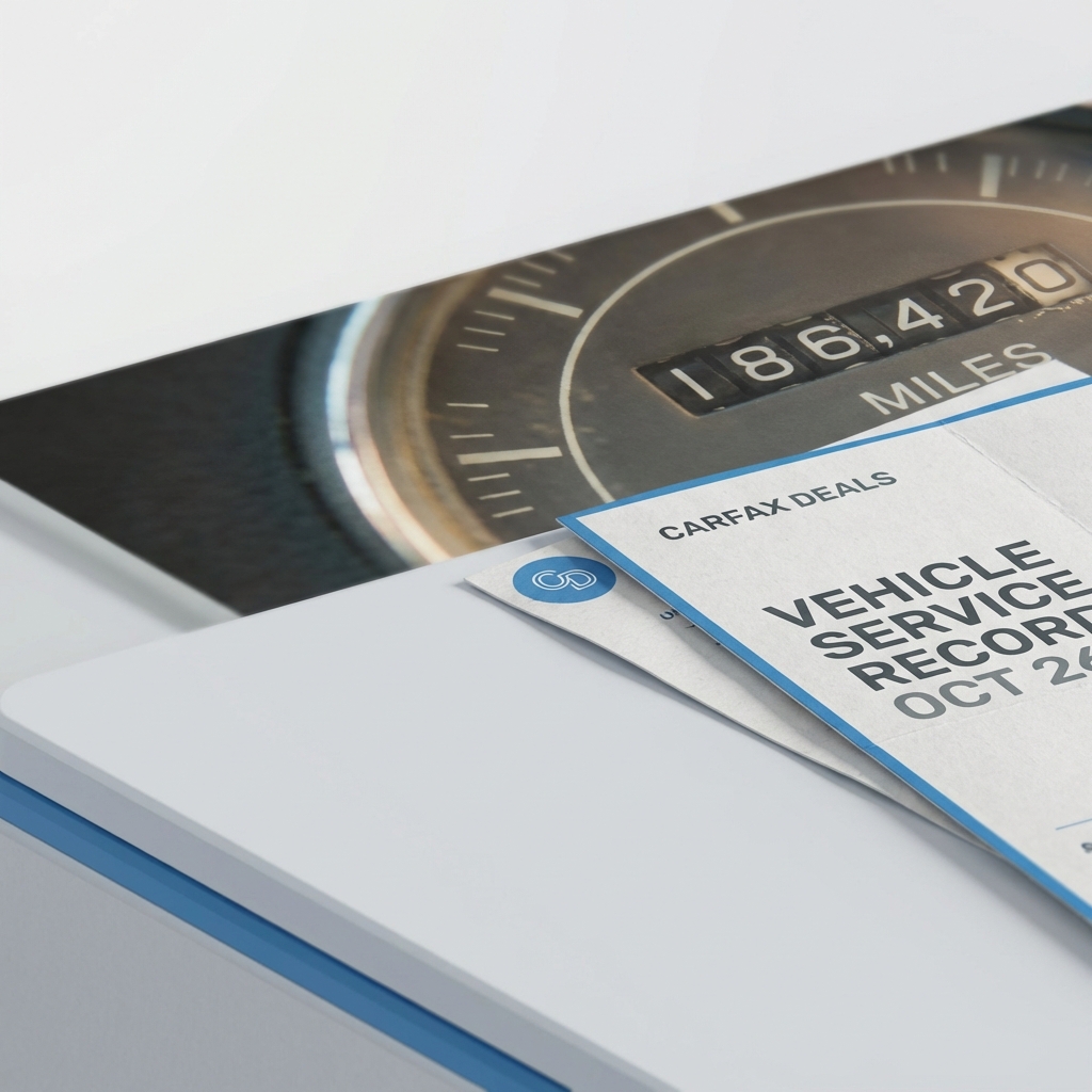 Close up odometer showing high miles with a service record receipt beside on a clean white background minimalist CarFax Deals style used toyota for sale