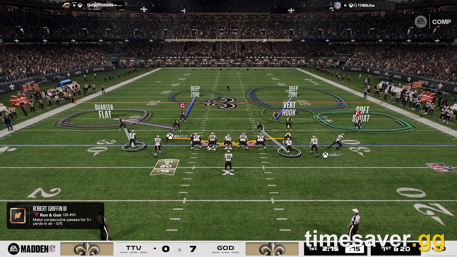 Madden NFL 27 Ultimate Team competitive online Head-to-Head match, pre-snap with defensive coverage assignments, player objectives and ranked opponent usernames on screen