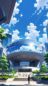 Low Angle View of Futuristic Glass Dome Building Anime Style