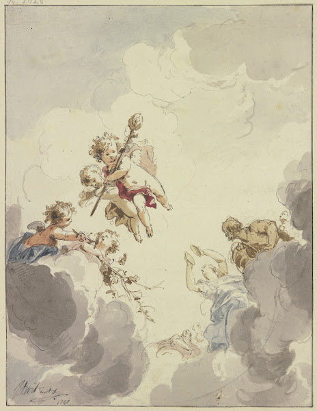 Amoretten mit einem Thyrsusstab und Bacchanten in Wolken 1740