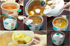 Cuối cùng, cho nước cốt dừa và 1 chén bột bắp hòa tan với nước vào. Nấu thêm 5 phút rồi rút điện. Cà ri gà là 1 món ngon ăn với bánh mì hay cơm đều được.