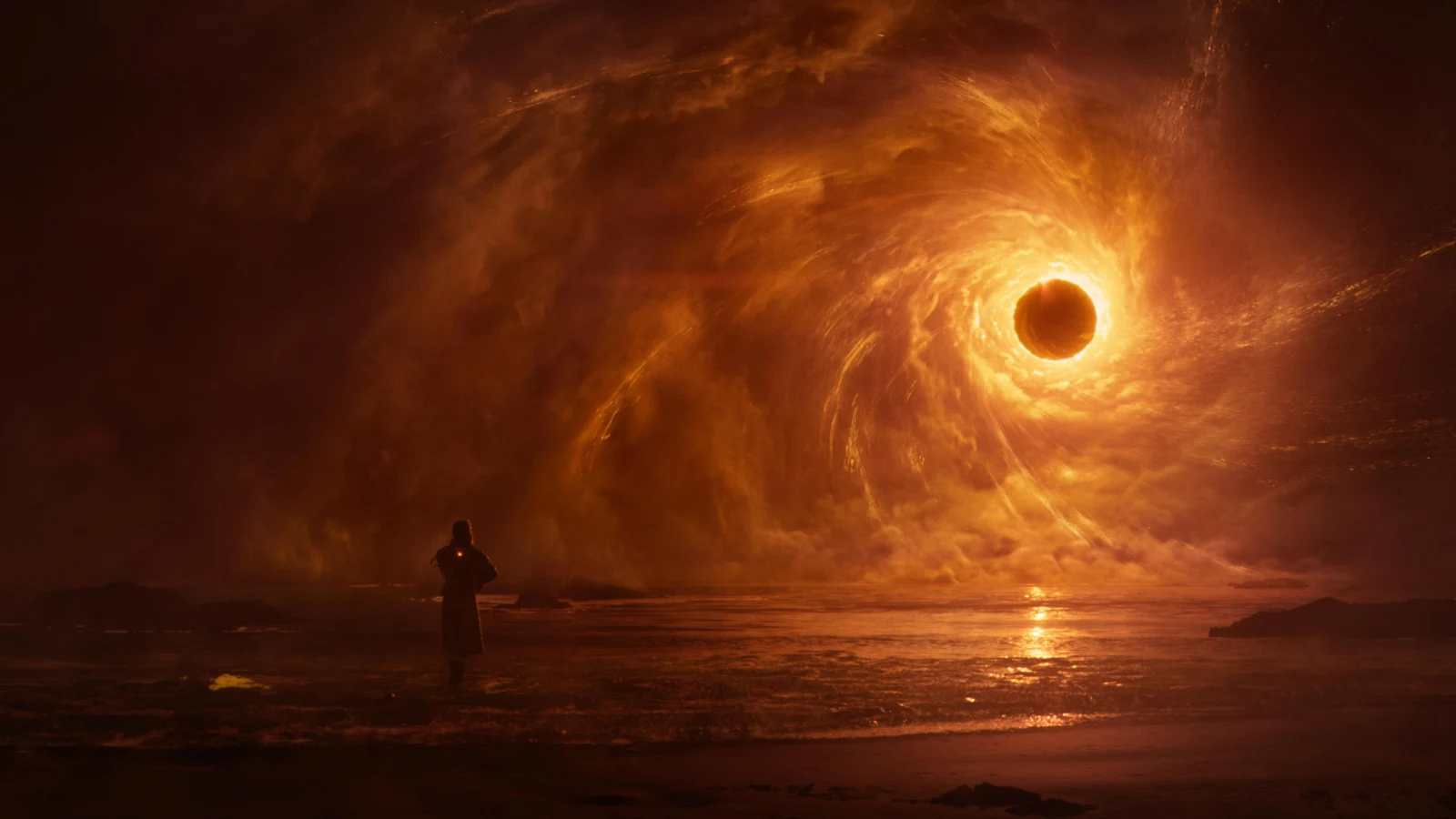Lone Wanderer Watching Celestial Vortex - Digital Concept Art 4K Wallpaper (3840x2160)