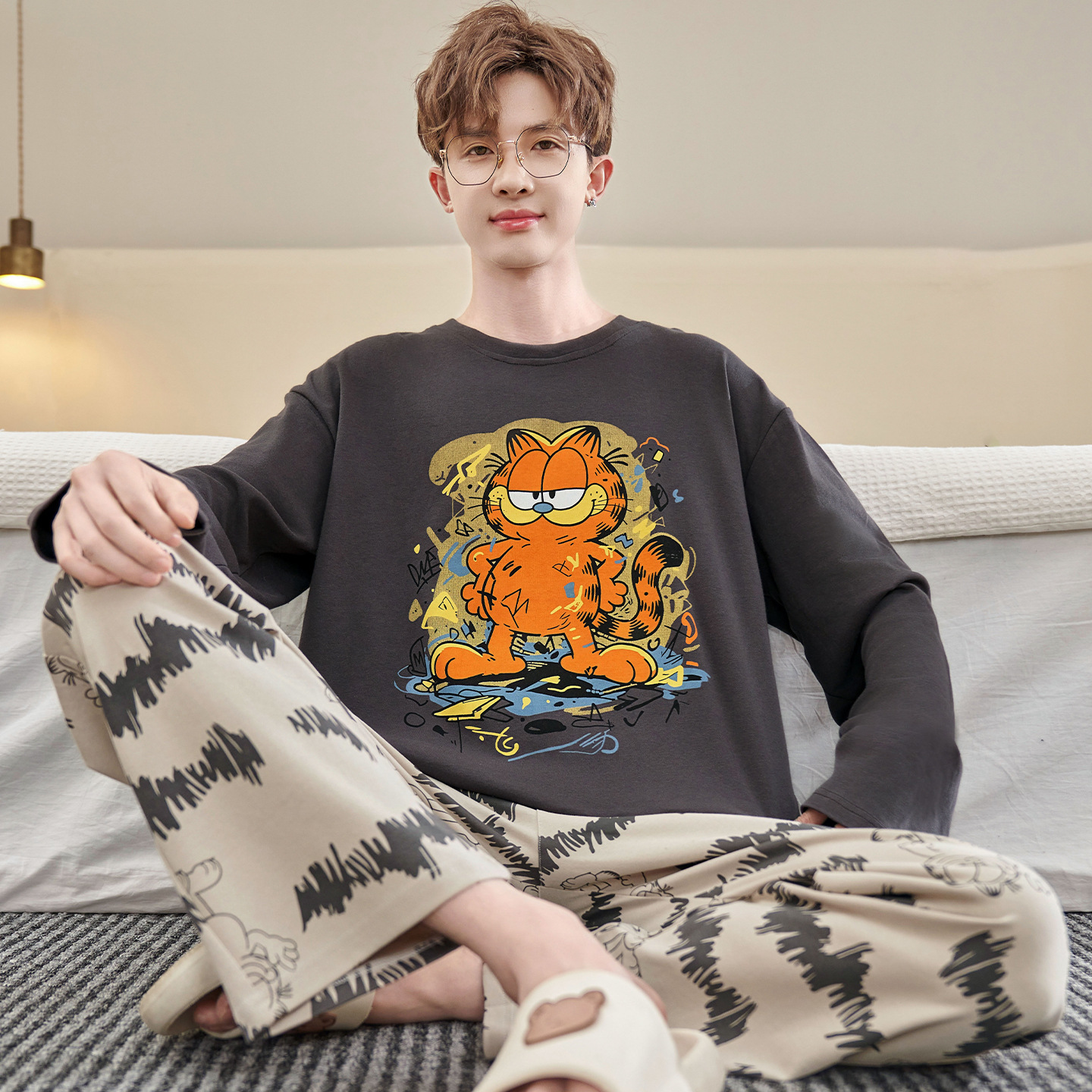 Herren-Pyjama-Set, Baumwolle, Langarm, große Größen