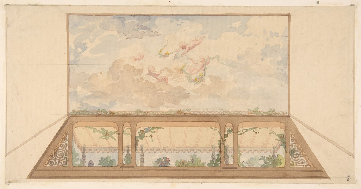 Design for a ceiling painted with a trompe loeil awning and putti in clouds 19th