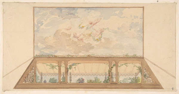 Design for a ceiling painted with a trompe loeil awning and putti in clouds 19th