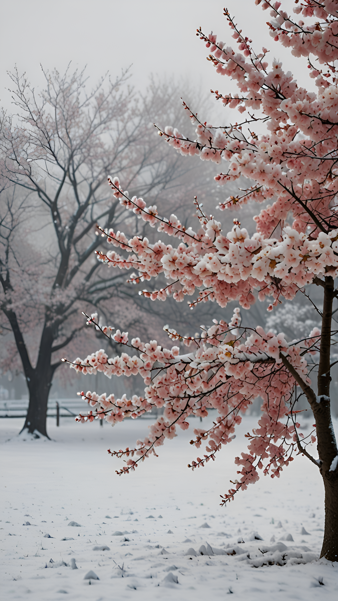 Cherry Blossoms Blooming in Snowy Winter Park - Free 4K mobile Wallpaper