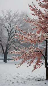 Cherry Blossoms Blooming in Snowy Winter Park