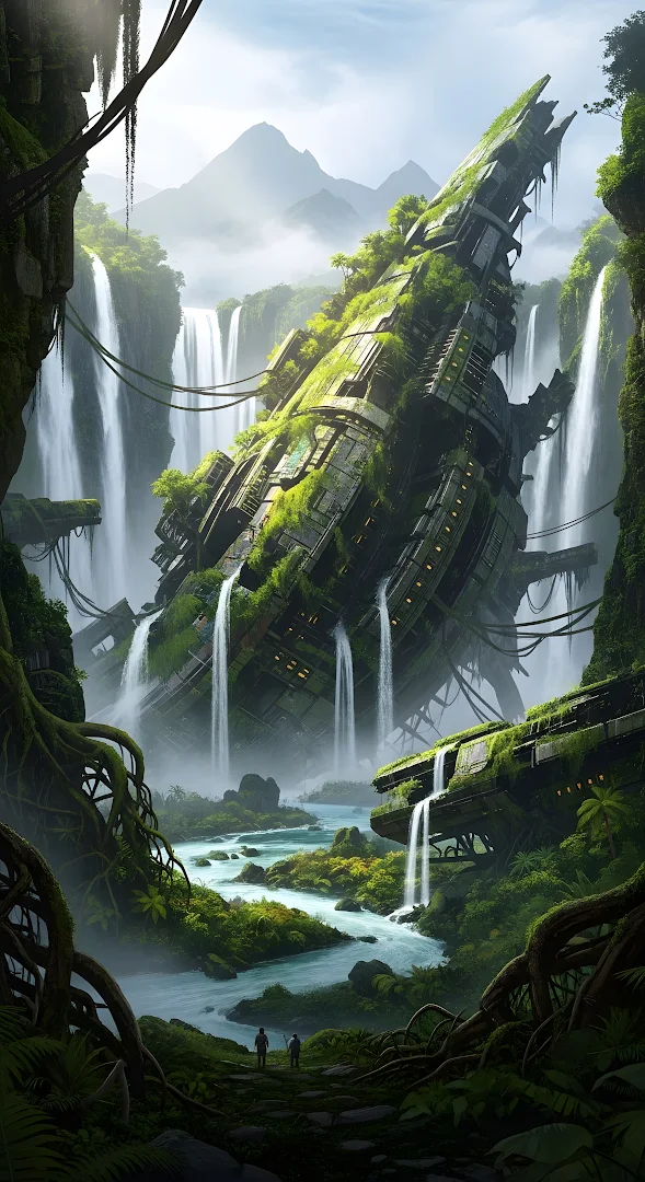 Overgrown Spaceship Ruins in Lush Jungle Waterfalls