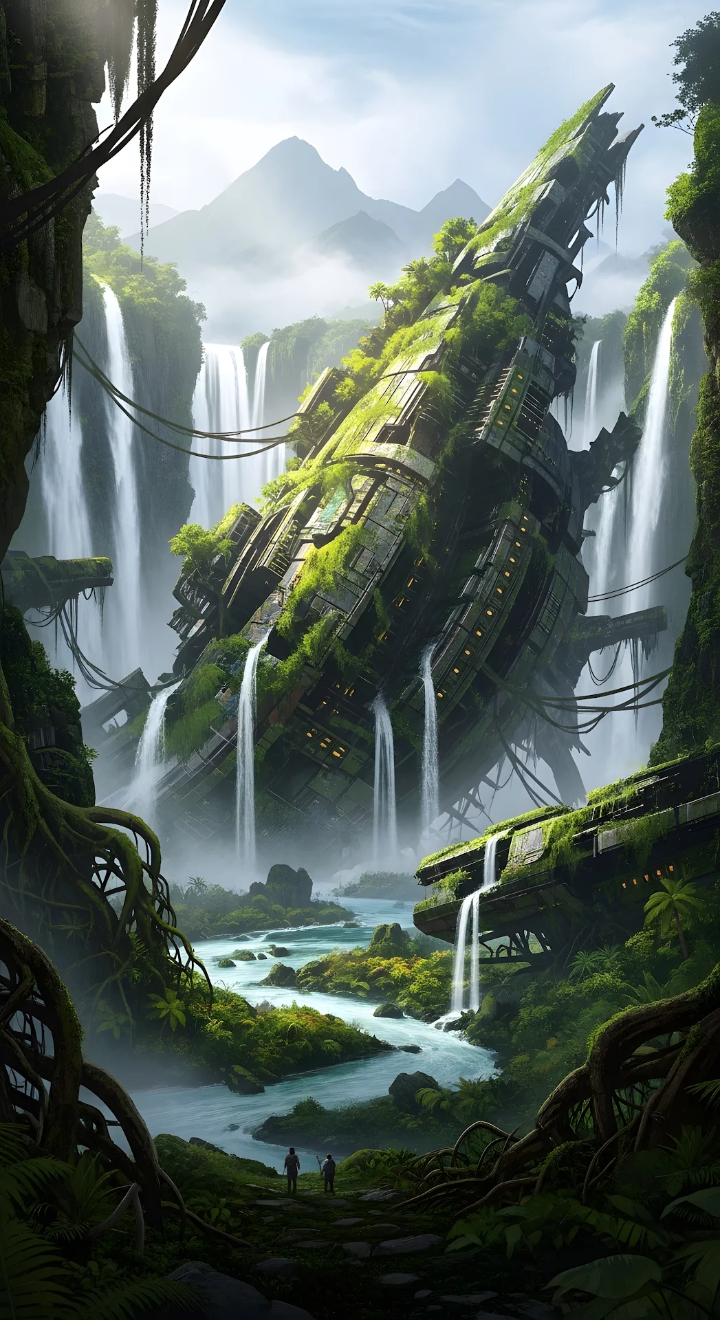 Overgrown Spaceship Ruins in Lush Jungle Waterfalls - Free 4K mobile Wallpaper