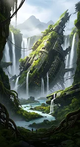 Overgrown Spaceship Ruins in Lush Jungle Waterfalls