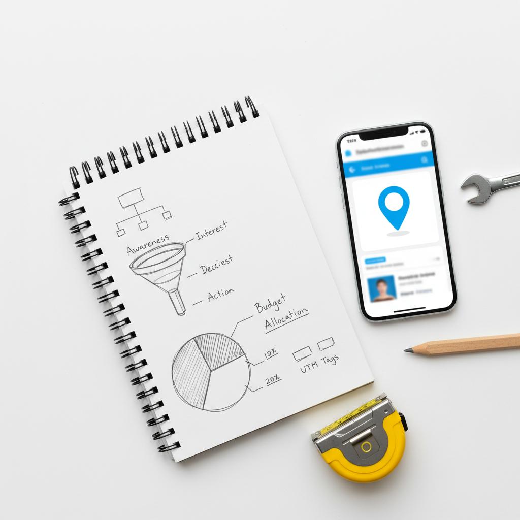 Close-up contractor notepad with sketches, wrench and tape measure next to phone showing a map pin and a blurred web listing mock &mdash; Yelp advertising for contractors