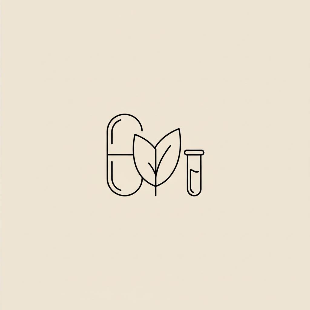 Minimalist 2D vector line illustration of a berberine capsule, a simple leaf, and a small test tube on a beige background in Tonum-style thin black outlines.
