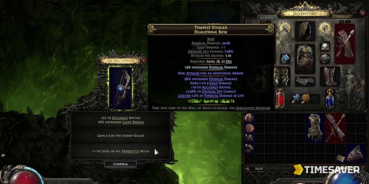 The Well of Souls UI in PoE2 revealing a Desecrated Modifier on a bow, with three modifier choices — what Desecrated Currency bones from Vandroth are used for