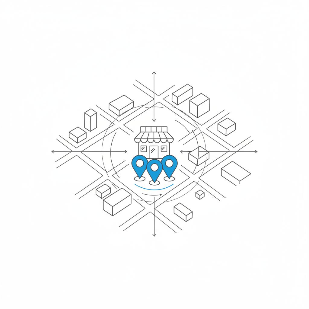 Minimalist 2D vector notebook-style neighborhood map with blue pins clustered around a storefront icon, illustrating how Nextdoor charge a fee affects local visibility.