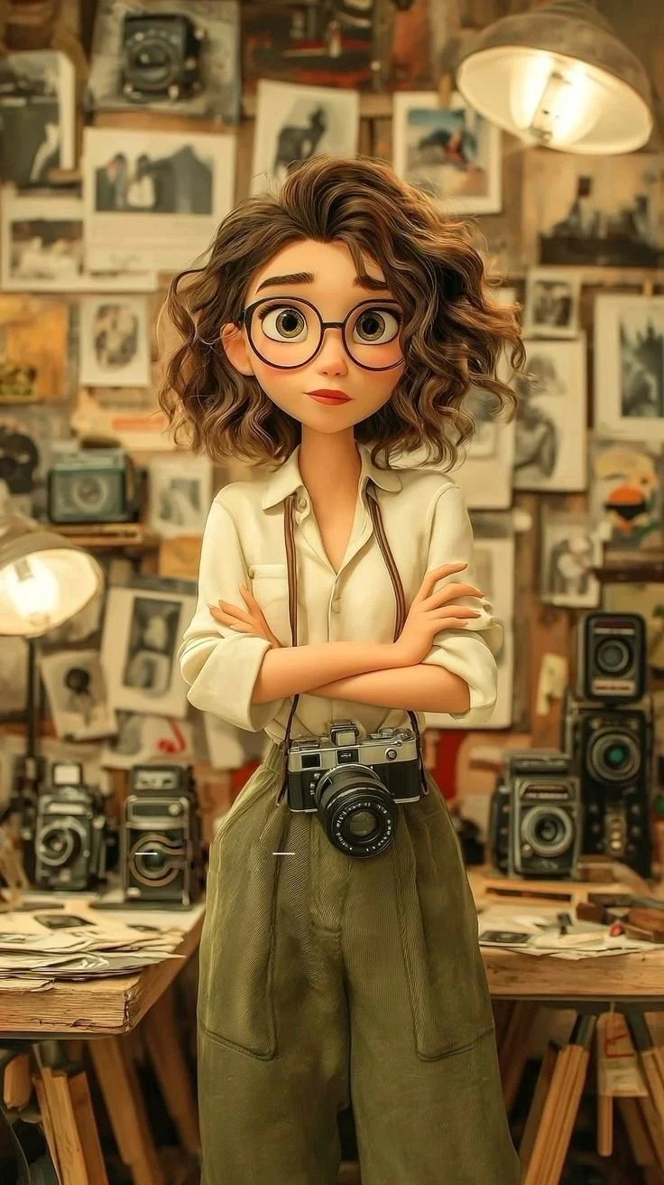 Un personaje femenino de fotógrafa, estilizado y animado en 3D, al estilo Pixar-Disney, con una iluminación cinematográfica suave.