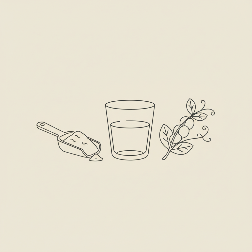 Minimalist vector line illustration of a scoop, water glass, and pea sprig representing plant protein for the healthiest protein shake brand.