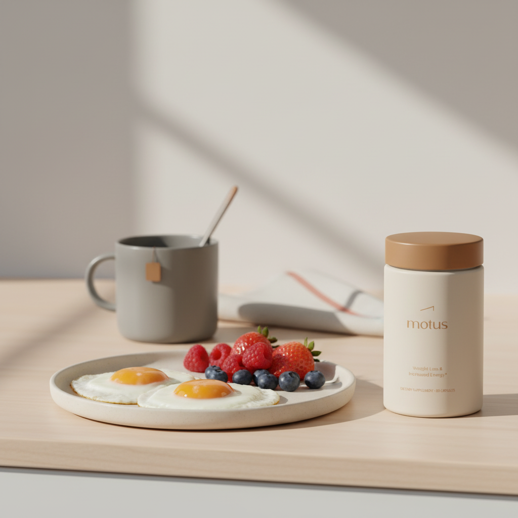 Bright airy kitchen with Tonum Motus supplement jar on wooden counter beside plate of eggs and berries, neutral brand background; 30 30 30 rule for perimenopause