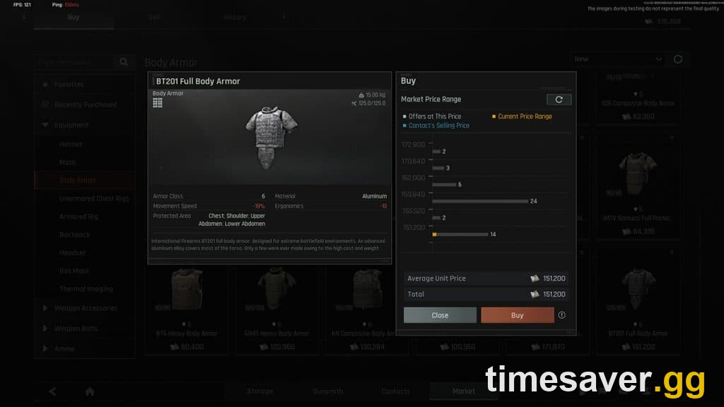 Arena Breakout: Infinite BT201 Full Body Armor item card showing Armor Class 6 and its durability — the top armor tier, legal only in Forbidden Zone in Season 7