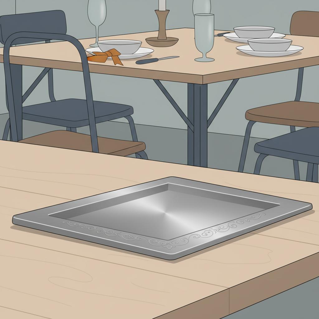 Minimalistische 2D-Vektorillustration einer matt gravierten Metalltafel auf Holztisch vor unscharfem Esstisch im Industrial-Stil als persönliches Andenken zur Silberhochzeit