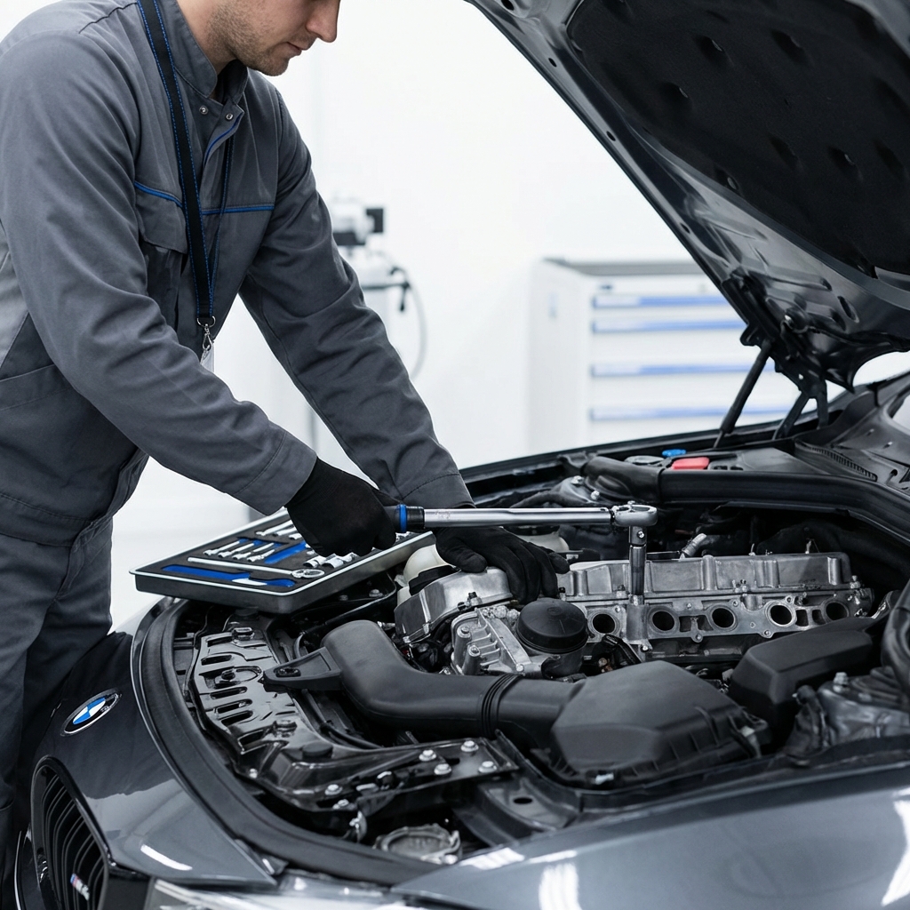 Technician inspecting BMW M4 engine bay with visible inline six head and tools on tray in a clean workshop bmw m4 for sale