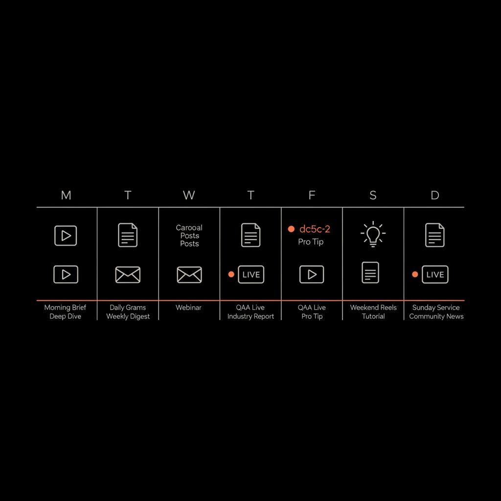 Minimal full-bleed infographic of a seven-day content map with vector icons and brand accents on a black background — Where are my old Gmail emails?