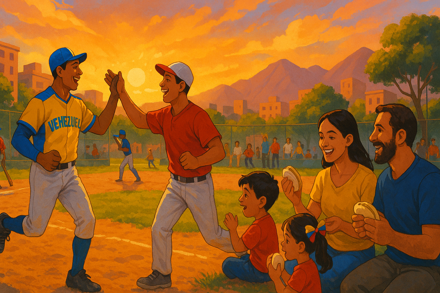 Jóvenes venezolanos jugando béisbol en un parque urbano del Cono Sur al atardecer