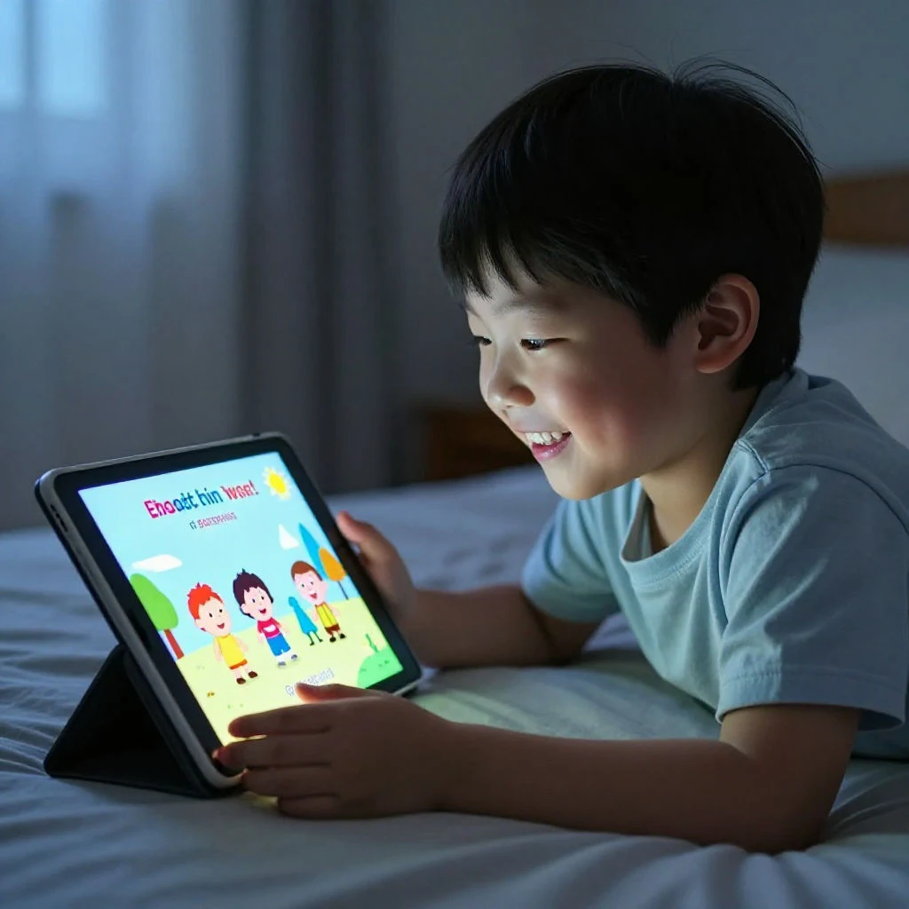 초등학생 아이가 좋아하는 영어 애니메이션을 즐겁게 시청하며 자연스럽게 영어를 익히는 모습