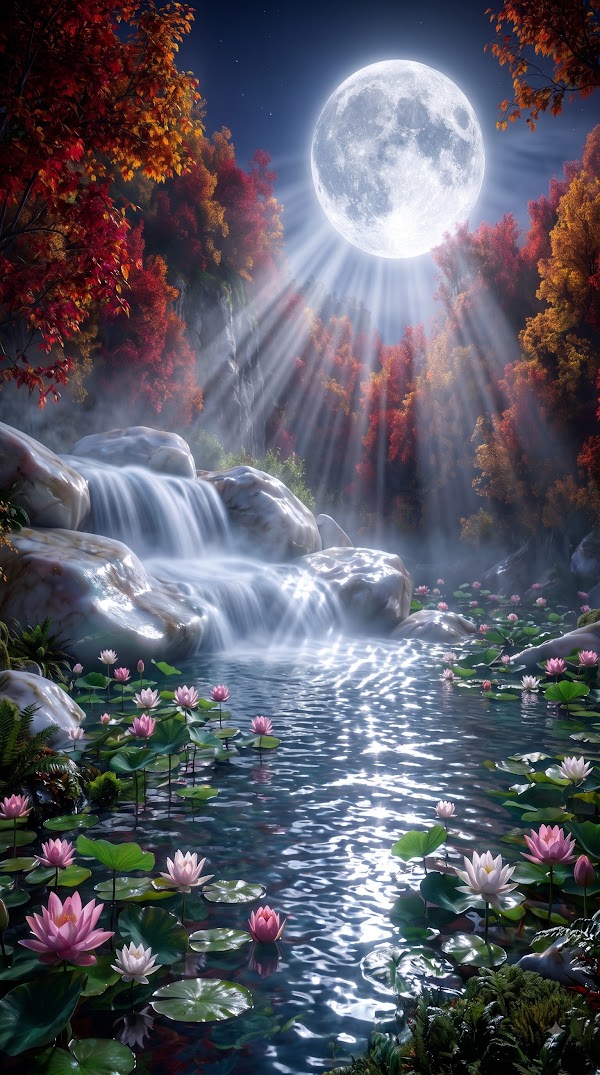 Ethereal Moonlight Falls: A Zen Journey into Autumn Serenity