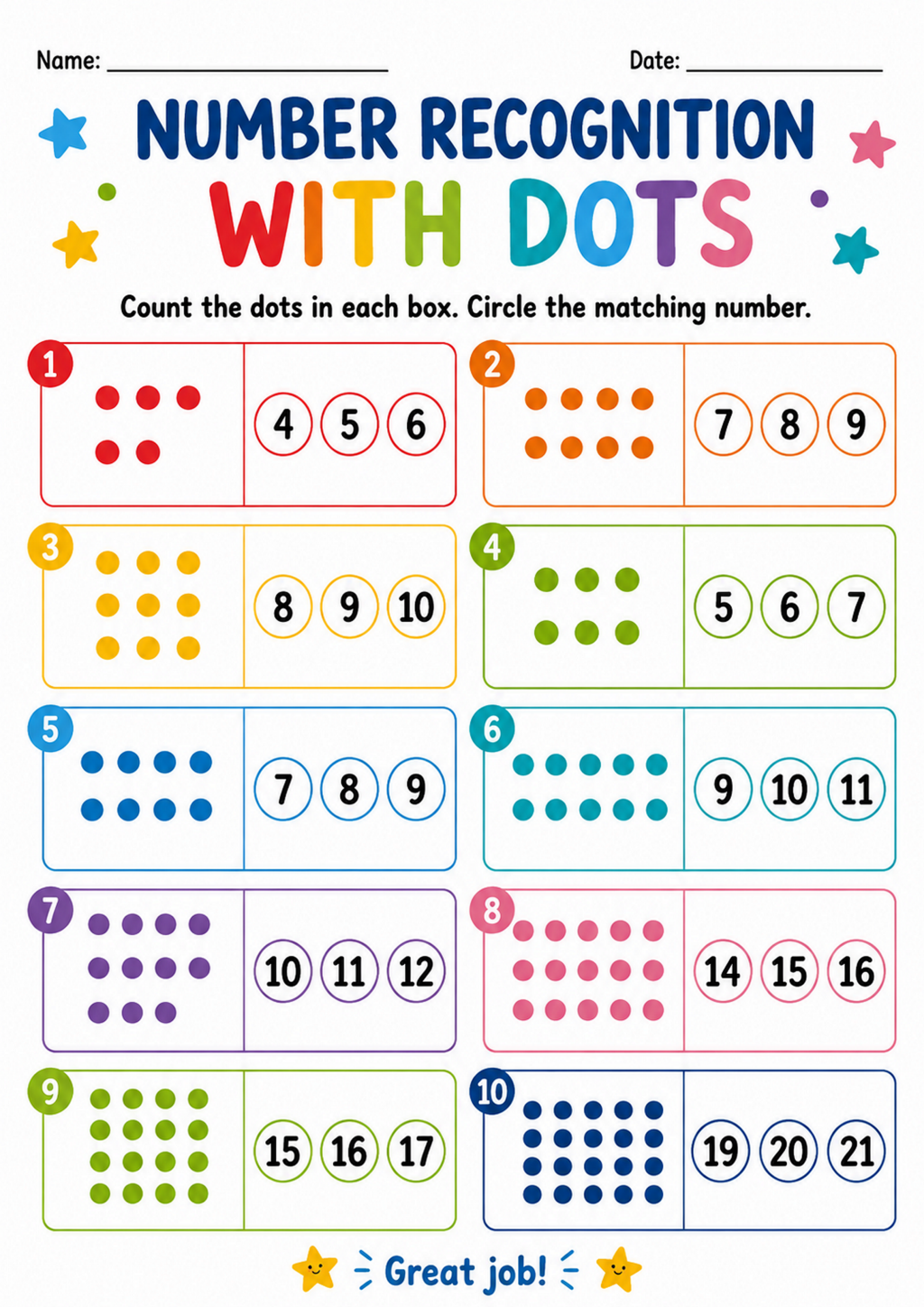 Number Recognition with Dots Worksheet