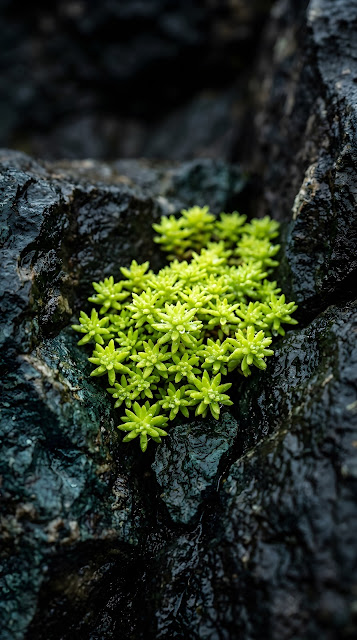 Macro Green Succulents Blooming on Wet Basalt Rocks - Free mobile Wallpaper