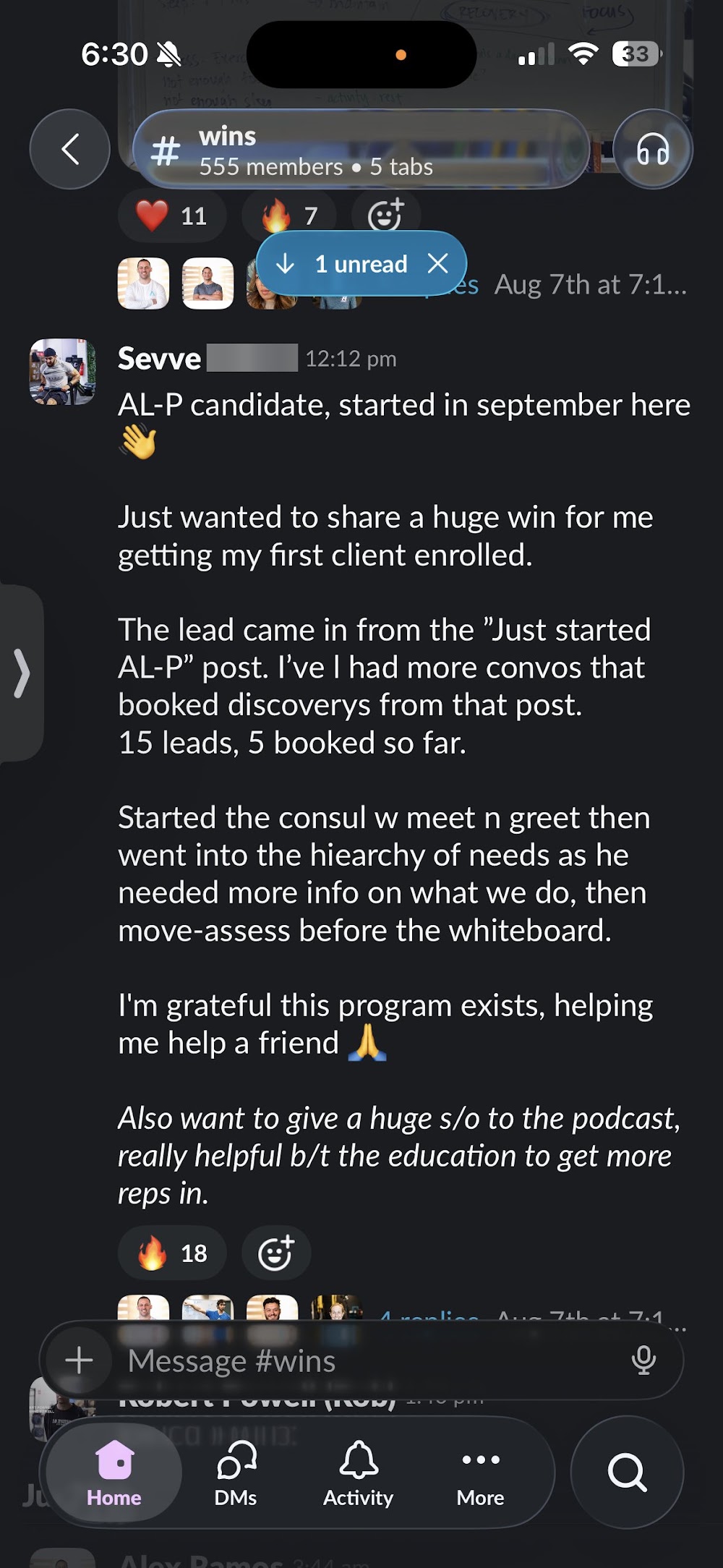 Slack post from an Active Life Professional