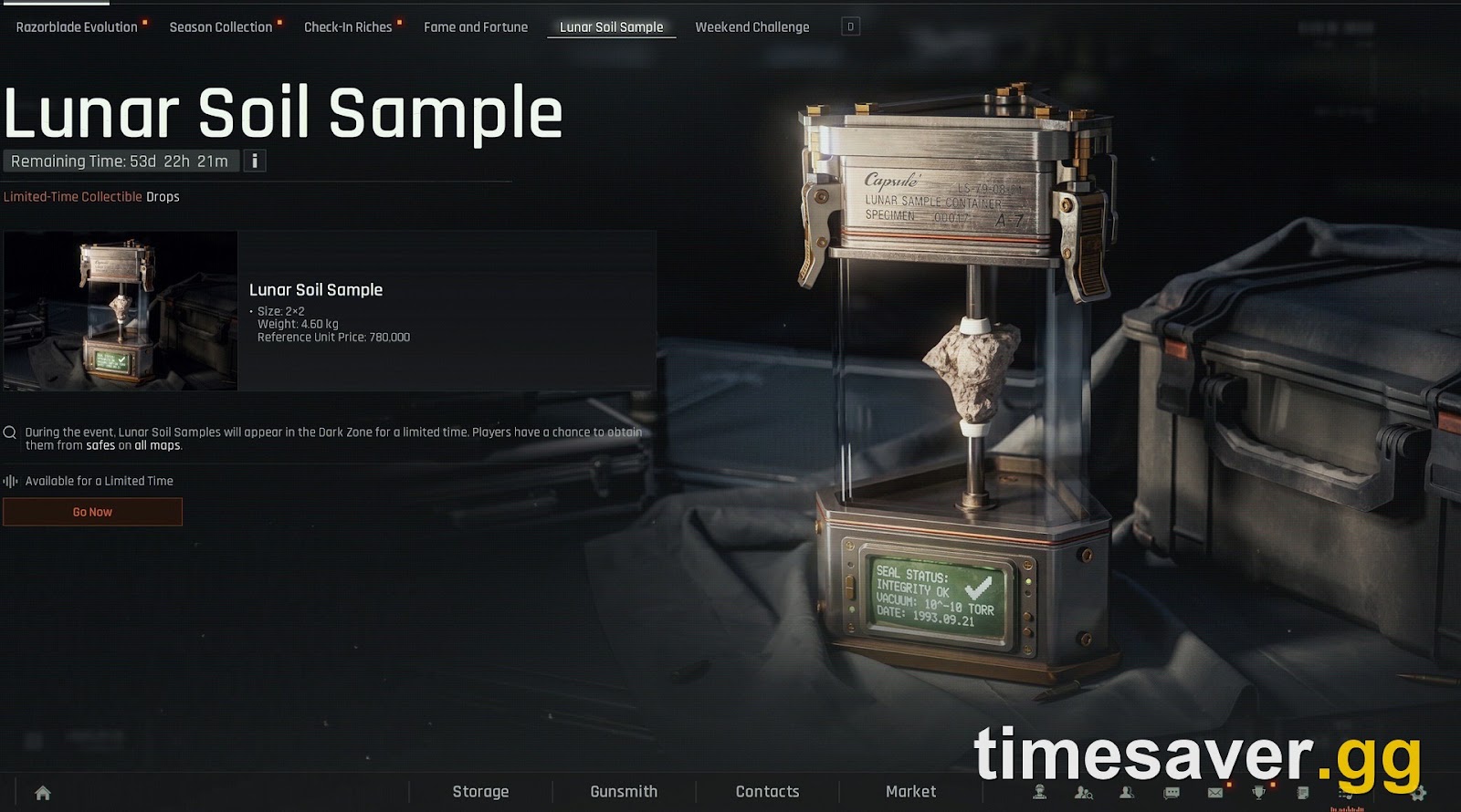 Lunar Soil Sample collectible in Arena Breakout: Infinite — a 2x2 item worth 780,000 Koen that spawns in Dark Zone safes