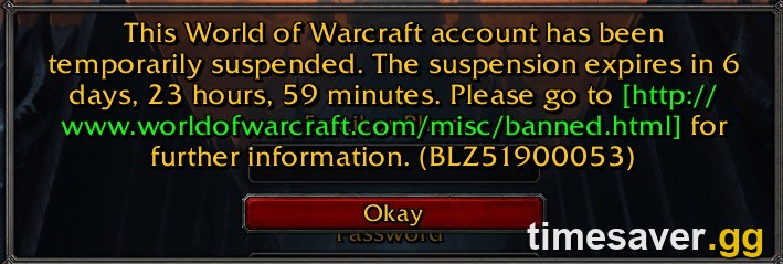 In-game World of Warcraft account-suspension notice showing a temporary ban with duration and error code