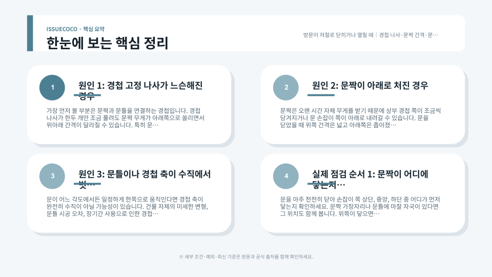 방문 경첩 나사와 문틀 간격, 문짝 수평 상태를 순서대로 점검하는 장면