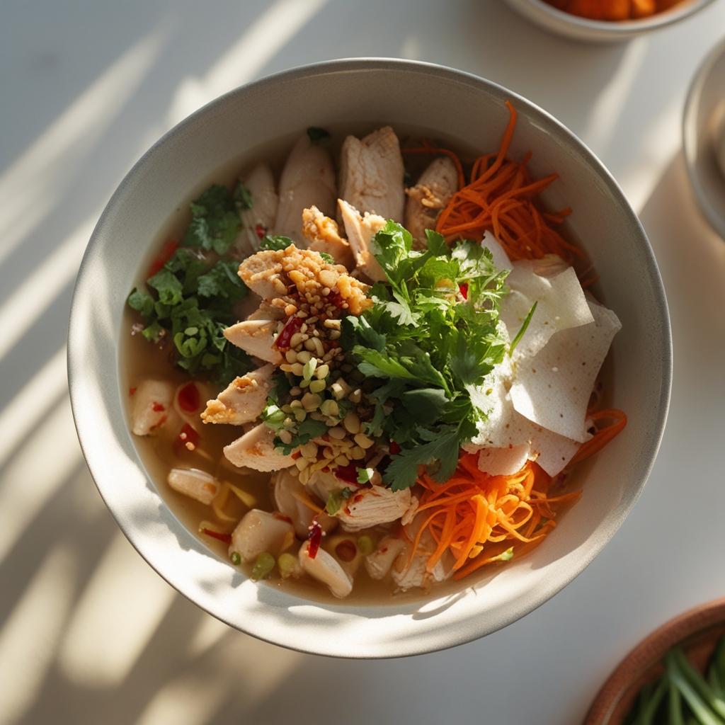 Vietnamese-Style Crispy Chicken Protein Bowl with Nuoc Cham & Crispy Rice Paper Chips