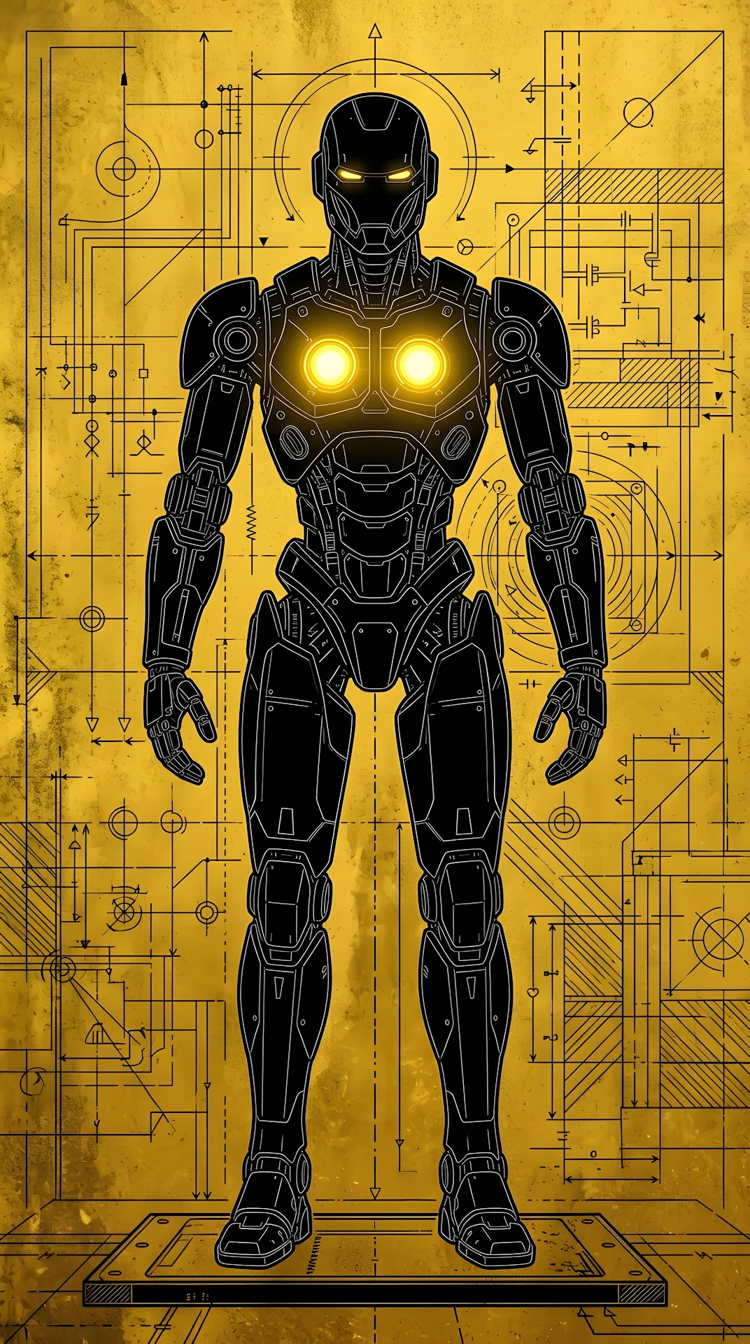 Technical Illustration of a Humanoid Robot on a Textured Gold Background - Free 4K mobile Wallpaper