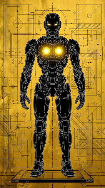 Technical Illustration of a Humanoid Robot on a Textured Gold Background - Free mobile Wallpaper