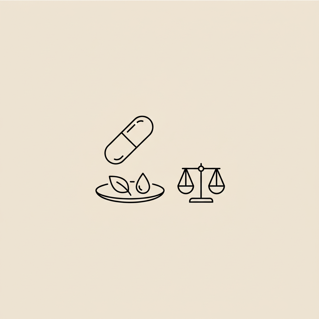 Minimalist vector line illustration of a capsule, plate with a leaf and water droplet, and a tiny scale on beige background, evoking the most effective weight loss pill
