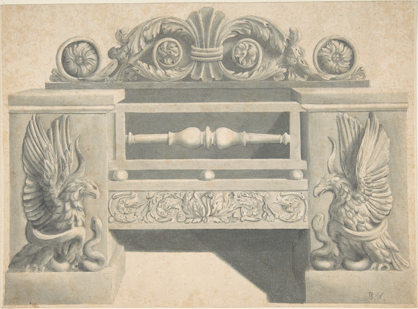 Design for Cast iron Grate in Rococo Style with Putti Fire Dogs ca 1814