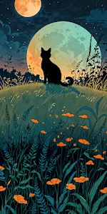 Silhouette Cat Watching Moon Over Wildflower Field