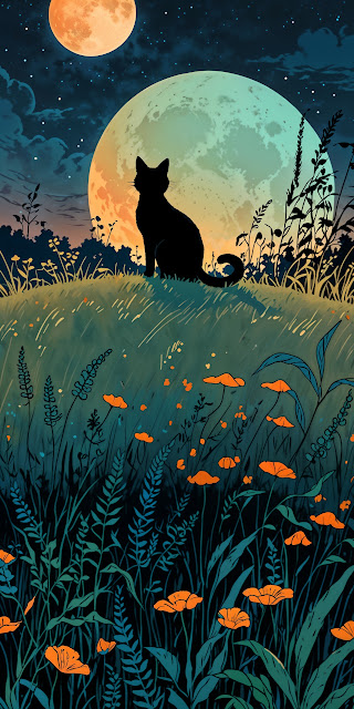 Silhouette Cat Watching Moon Over Wildflower Field - Free mobile Wallpaper