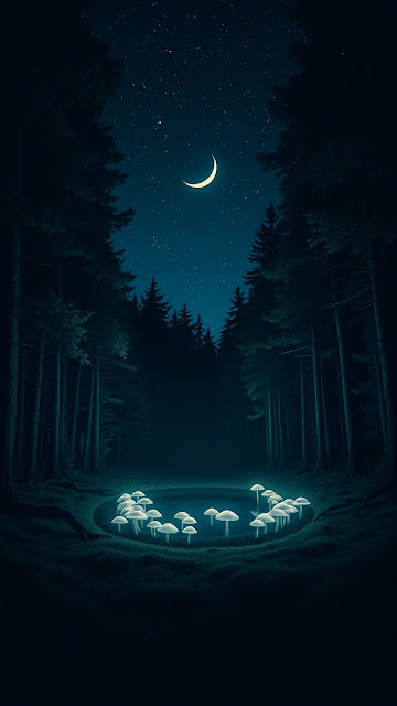 Bioluminescent Mushrooms in Dark Forest Under Crescent Moon - Free mobile Wallpaper