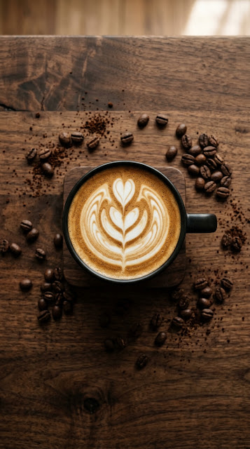Top-Down View Of A Coffee Cup With Latte Art And Beans - Free mobile Wallpaper