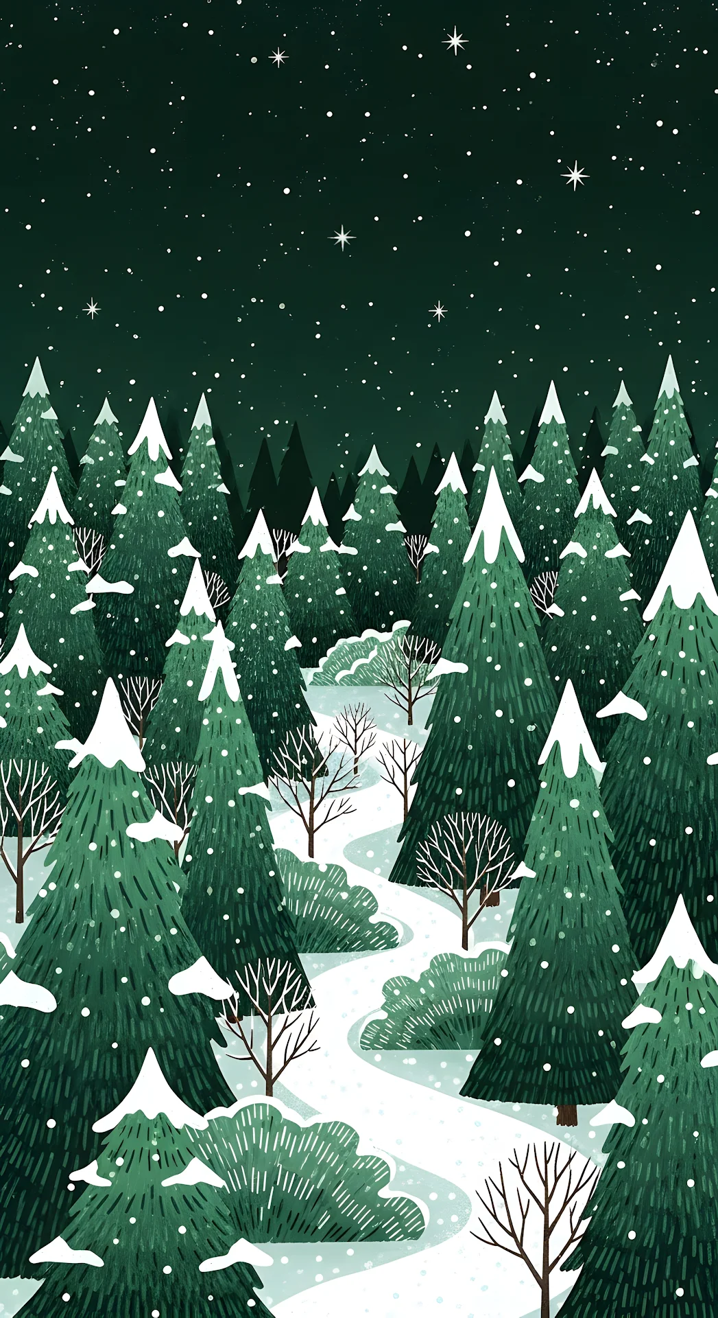 Deep Emerald Forest Winter Night Illustration with Snow Path - Free 4K mobile Wallpaper
