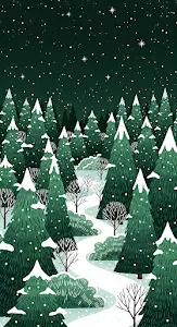 Deep Emerald Forest Winter Night Illustration with Snow Path